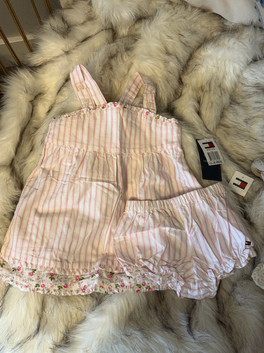 NWT Tommy Hilfiger Pink and White Striped Baby Dress with Bloomers